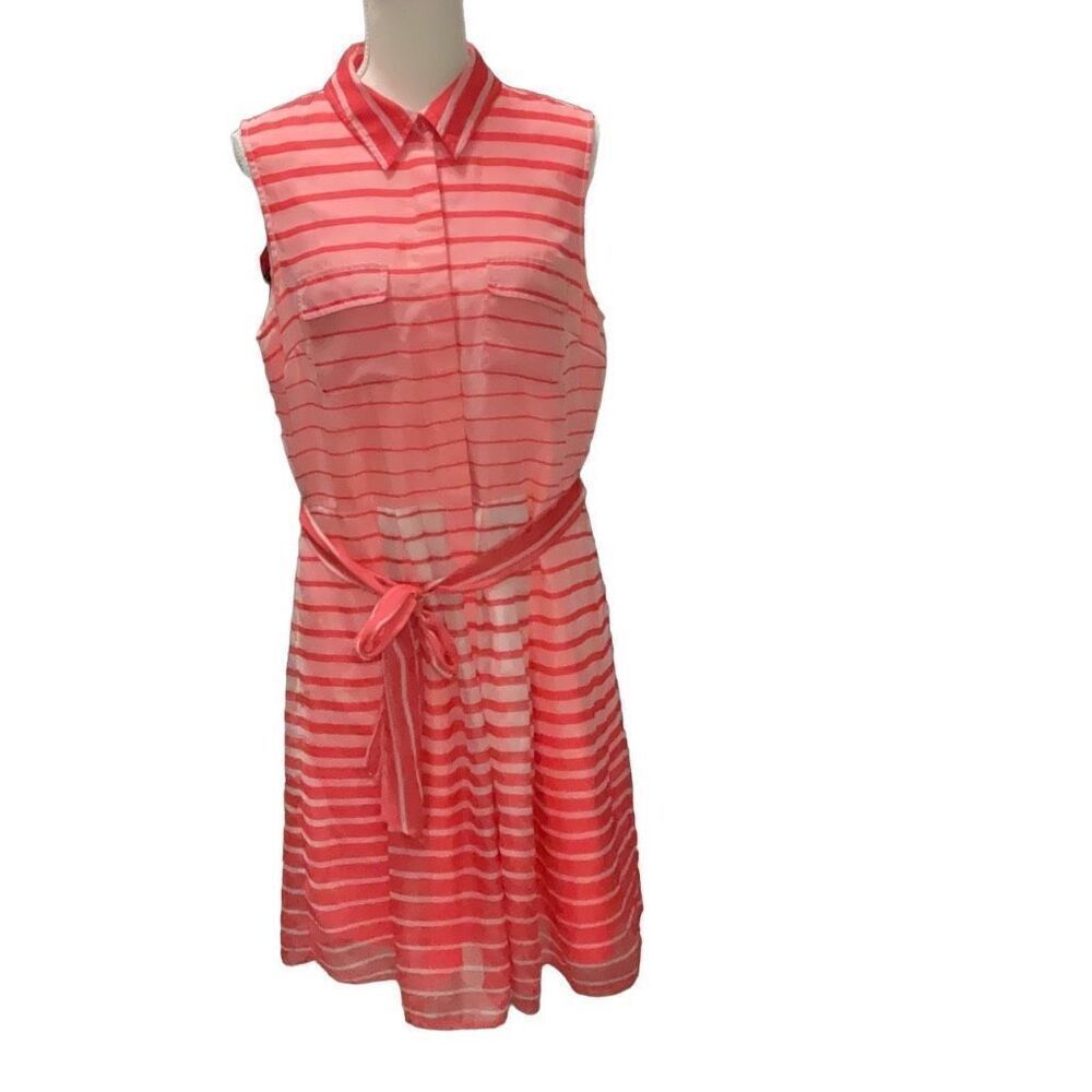 Vince Camuto Orange White Sheer Lined Striped Dress Button Closure Collared 14